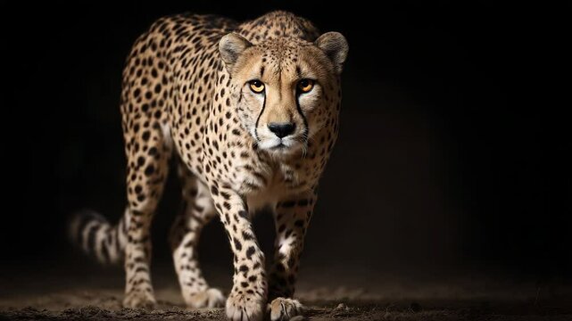 Full-body view of sleek cheetah confidently moving through shadowy space, powerful muscles and spotted fur illuminated by focused lighting