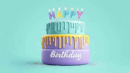 Bright birthday cake with glossy rainbow drips and bold neon candles on a soft teal background with room for text