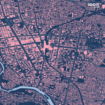  Zoomed-In Sendai City Map (Buildings, Highways, Waterways, Blueprint Background)