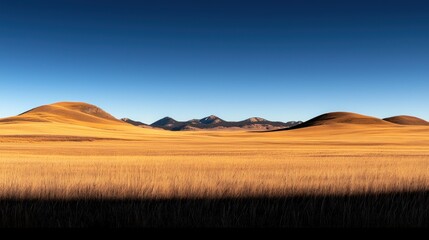 Obraz premium Scenic landscape of fields hills and distant mountains under blue sky