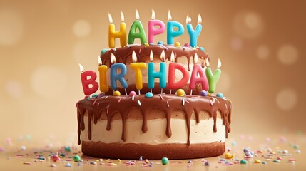 Playful three-tier birthday cake with colorful icing and letter candles on a polished background with a subtle glow