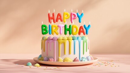 Fun multi-tier cake with rainbow frosting drips and vibrant letter candles spelling out "Happy Birthday" on a dreamy pastel background