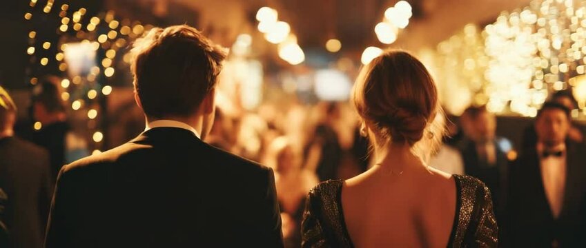 Man in dark suit and woman in elegant dress walk into softly lit event with festive string lights and blurred crowd, concept of romantic luxury celebration