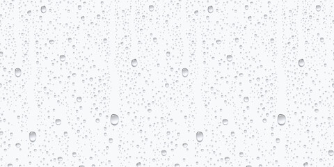 Water rain or shower drops seamless border isolated on white background. Realistic pure droplets condensed texture. Vector clear vapor bubbles on window glass surface