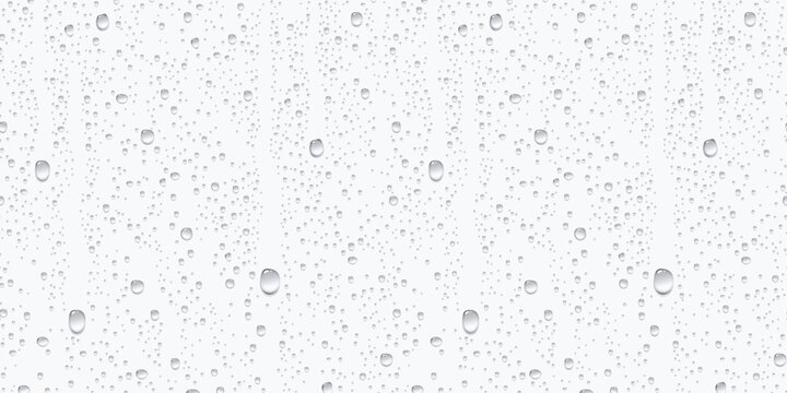 Water rain or shower drops seamless border isolated on white background. Realistic pure droplets condensed texture. Vector clear vapor bubbles on window glass surface