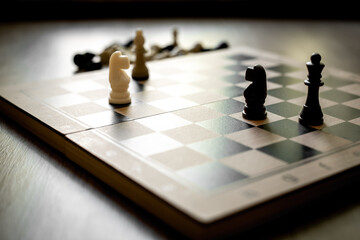 White chess knight piece and other pieces on chessboard during the game