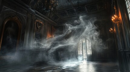 Dark interior space filled with swirling smoke and atmospheric shadows