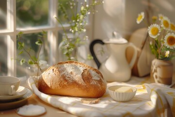 freshly baked loaf of artisan bread with a pat of butter melting on top. 