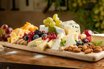 assorted cheese platter with fruits and nuts on a textured board,