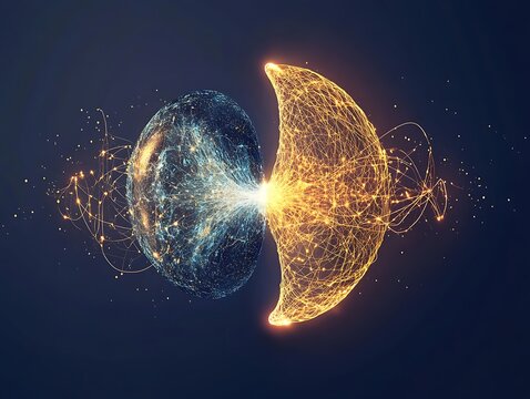 Particle-wave duality in motion, a neon wireframe representation.