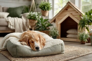 Cozy Pet Scene A Resting Dog in a Comfortable Bed with Indoor Plants and Wooden House