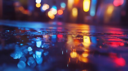 Vibrant Night Scene with Colorful Reflections on Wet Pavement
