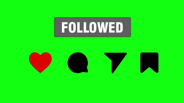Instagram Follow, followed, love, like, comment, share, save button click icon motion graphics animation with green screen