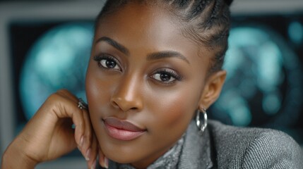 Female tech leader with global digital map interface