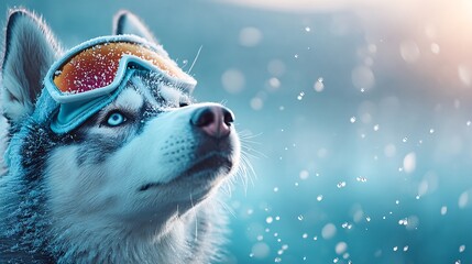 Energetic Siberian Husky with Ski Goggles in a Frosty Setting