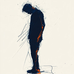 Scribble art of a sad man walking with head down on white background. Generative AI