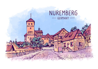 Sketch illustration of Nuremberg, Germany. An urban colorful the historical building, castle, medieval houses in Nuremberg. Hand drawn postcard, poster. Watercolor background. Freehand digital drawing