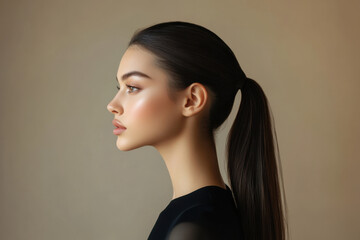 Naklejka premium Graceful Profile Portrait of a Young Woman with Sleek Ponytail