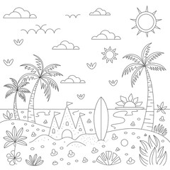Black and white summer beach scene with palm trees clouds sun sandcastle and surfboard for coloring book illustration