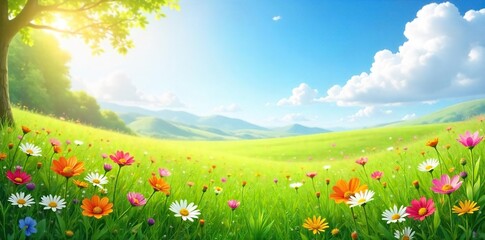 Fototapeta premium Sun-drenched meadow bursting with vibrant wildflowers and lush green grass, gently swaying in a warm breeze A tranquil scene of natural beauty perfect for spring themes , serene, natural beauty