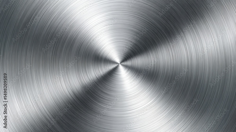 Poster metallic circular brushed surface radiating fine lines from center, reflecting light with intricate 