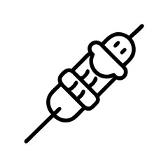 Depiction of a skewered food item with a topping and wrapped in a strip on a white background