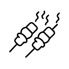 Two skewers with roasted food and rising steam in a simple line drawing style design element