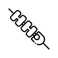 Outline drawing of a kebab skewer with meat pieces and a circular element on the end of the stick