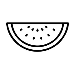 A simple graphic showing a slice of melon with seeds and a thick rind in a black outline style design