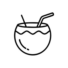 A simple graphic showing a coconut drink with two straws in a black and white outline style design