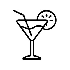 Outline drawing of a cocktail in a stemmed glass with a straw and citrus garnish on the rim