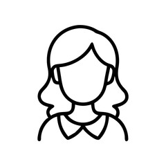 Simple line drawing of a woman with shoulder length hair and a collared shirt design is shown here