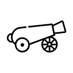 A simple drawing of a black outline of an old fashioned cannon with wheels on a white background image