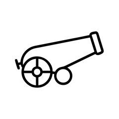 A simple graphic of a cannon with wheels and a handle, depicted in a minimalist line drawing style design