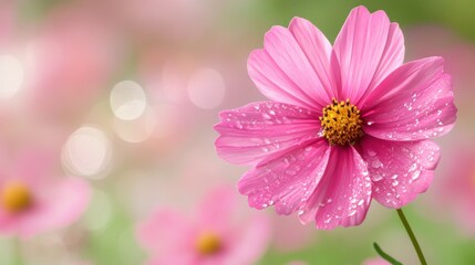 Pink Flower with Water Drops on Petals against Soft Background