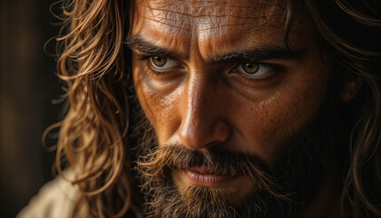 Jesus Christ with solemn expression and long wavy hair in dramatic close-up portrait