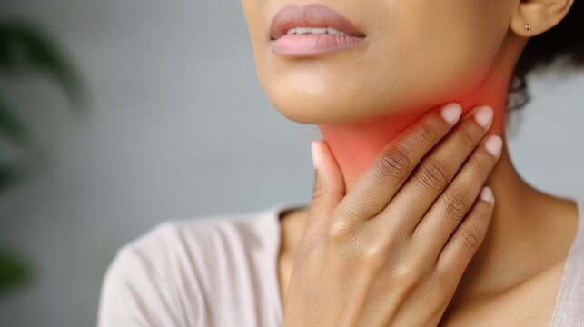 Distressed woman clutching sore throat, reddened area signaling inflammation and throat pain, close up view highlighting physical discomfort