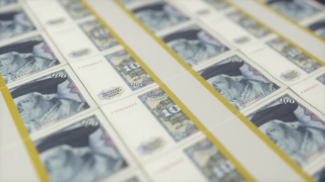 100 Deutsche Mark Banknotes in Printing Factory Close-Up