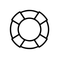 A simple graphic of a life preserver with black outlines and a white fill on a plain background surface
