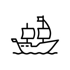 A simple line drawing of a sailing vessel with two masts and a flag on wavy water surface design