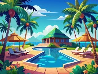 Fototapeta premium vector of Stunning resort view with swimming pool in Maldives surrounded by palm trees.
