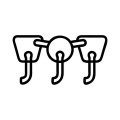 Outline drawing of three stylized hooks connected by a central circular element in black and white