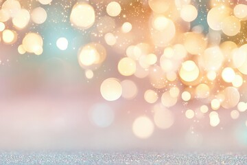 Soft golden bokeh lights with sparkles on pastel pink and blue gradient background. Festive glowing effect. Dreamy and magical atmosphere. Celebration and holiday concept