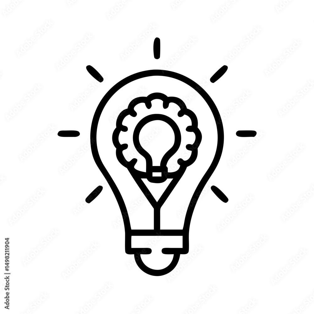 Poster stylized lightbulb with radiating lines and internal brain shape for creative concepts design elemen
