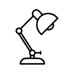Simple line drawing of a desk fixture with adjustable arm and dome shade for focused task lighting