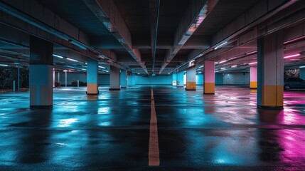 Urban Night Scene of an Empty Parking Garage with Neon Lights