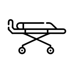 A simple graphic showing a patient on a gurney in a medical environment, black lines on white background