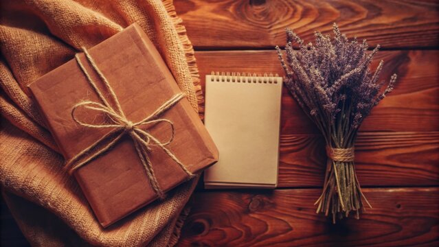 A rustic brown package tied with twine, a blank notepad, and a bouquet of dried lavender on a wooden background.