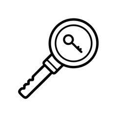 A simple graphic of a key inside of a magnifying glass with a white background is displayed here