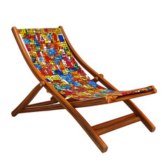 Contemporary Reclining Wooden Beach Chair with Colorful Mosaic Tiles Isolated on Transparent Background